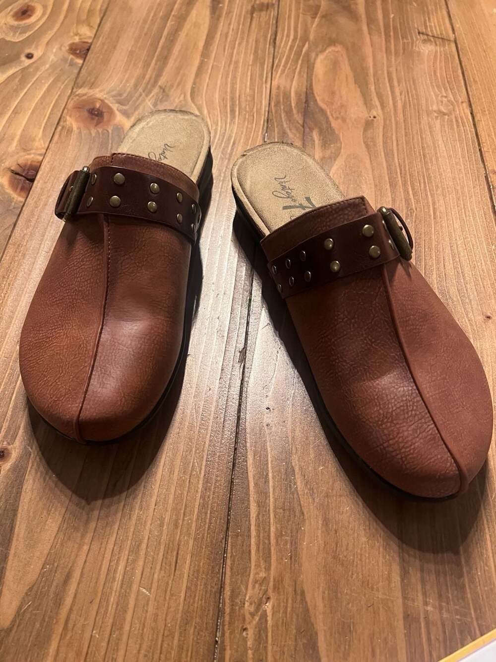 Vintage 7 Eight Clogs Brown Faux Leather Buckle Mules
